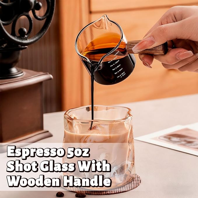 Espresso Shot Glass, 5OZ/150ML Dual Scale Measuring Cup with Wooden Handle, Heat Resistant Espresso Cappuccino Shot Cups with Double V-Shaped Spouts for Coffee Milk Tea Bar Serving