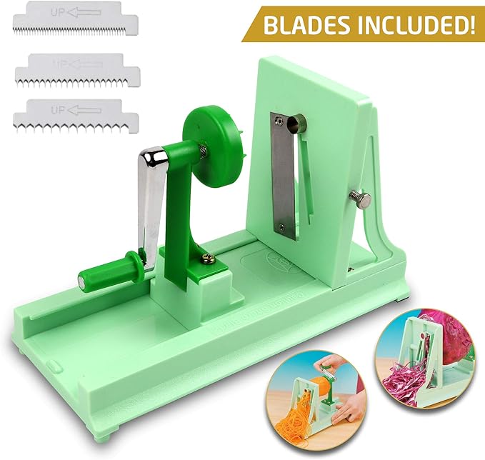 Vollum Japanese Turning Vegetable Spiralizer, Veggie Spiralizer For Fresh Zucchini, Squash, Butternut Squash with 1 Straight-Edged Blade and 3 Serrated Blades Multiple