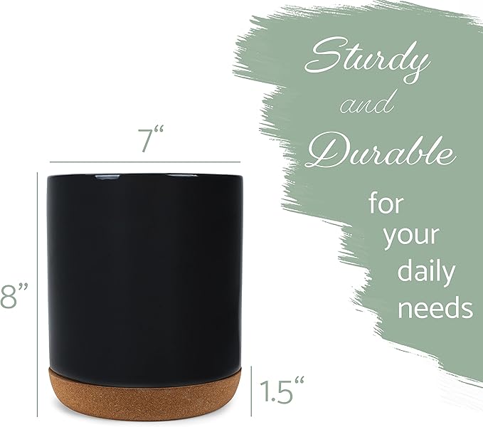 Glossy X-Large Ceramic Stoneware Cork Bottom Kitchen Utensil Holder, Black
