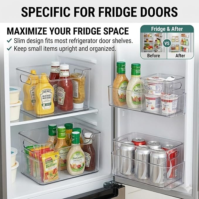 Thickened Crystal Clear Freezer Storage Bins - 4 Pack Clear Plastic Bins for Refrigerator and Pantry, Stackable Kitchen Cabinet Organizer with Handles for Pantries, Cabinets (4Pcs-S+L)