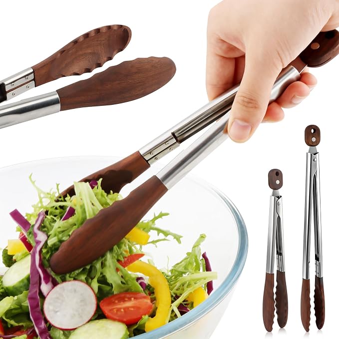Wooden Tongs for Cooking, Stainless Steel Salad Tongs with Walnut Wood Tip, Multifunctional Stainless Steel Handle Kitchen Tong for Serving Food, Bread, BBQ, Tossing Salad(COLOR:2 pcs)