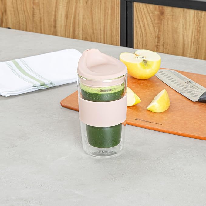 Restaurantware Glass Travel Mug 1 Count 12 Ounce Double Wall Borosilicate Reusable Coffee Cup, Spill-Resistant Tan Silicone Lid, Clear Drinkware Mug for Hot and Cold Beverages
