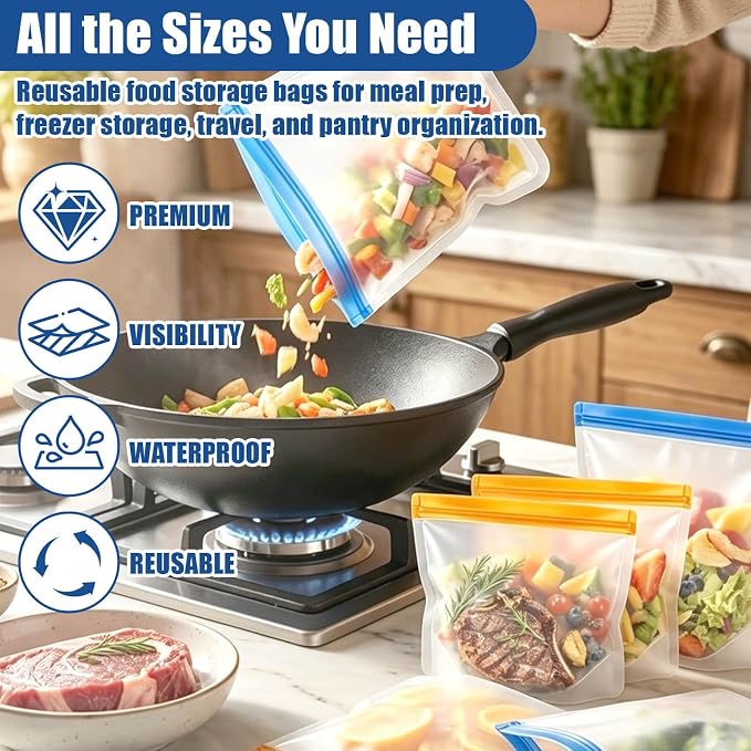Reusable Silicone Freezer Bags, 12 Pack Leakproof Food Storage Bags Dishwasher Safe, Silicone Snack Bags Food Storage Containers for Meal Prep Containers, Salad Fruit, Vegetables, Home Organization