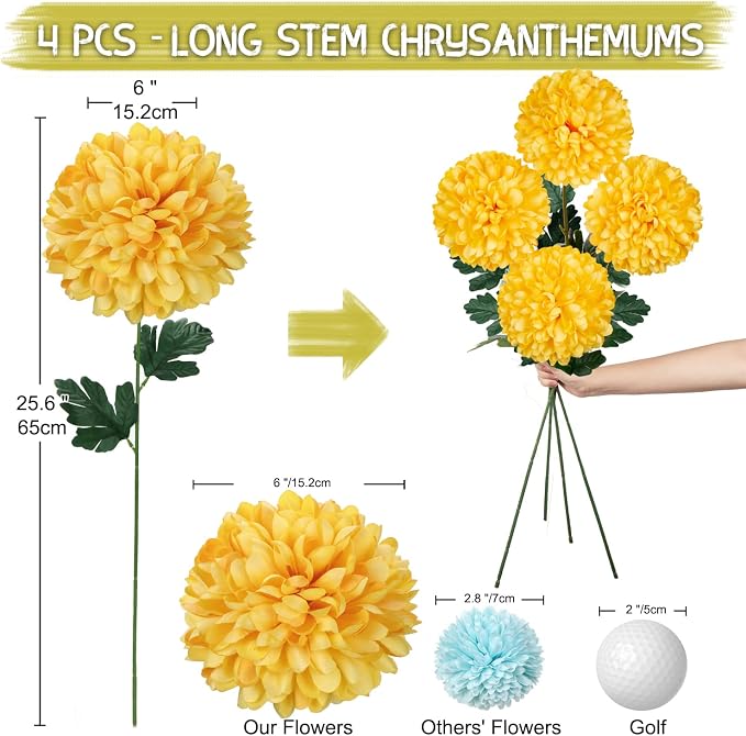 Briful Artificial Chrysanthemums Ball Flowers 6’’ Large Heads Mums Stems Autumn Yellow Fake Hydrangea Flowers Bouquet for Home Garden Party Wedding Decoration, Set of 4