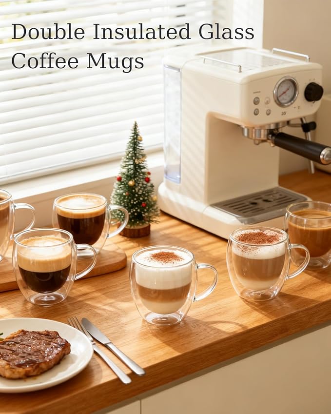 Glass Coffee Cups Set Of 6 - 8.5oz Double Walled Glass Coffee Mugs with Handle,Clear Insulated Borosilicate Glass Mug,Suitable for Cappuccino,Tea,Latte,Hot Beverage and Wine (6 Pack 8.5oz +6 Spoons)