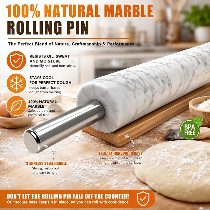 Premium White Marble Rolling Pin Set with Natural Veins, Stainless Steel Handles, Wooden Stand, Pastry Mat, Dough Cutter & 3 Thickness Rings – Baking Gift Set