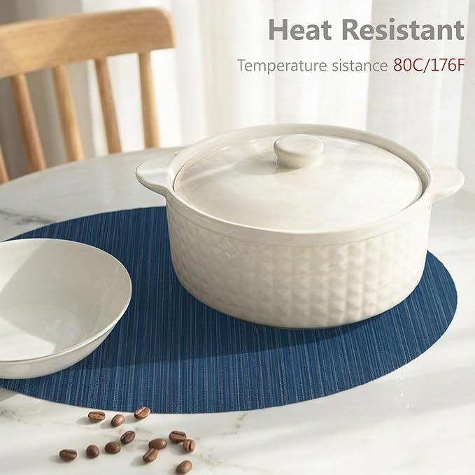 AHHFSMEI Oval Placemats Set of 6 Woven Vinyl Non-Slip Heat Resistant Stain Resistant Easy Clean Place mats for Dining Table(Blue)