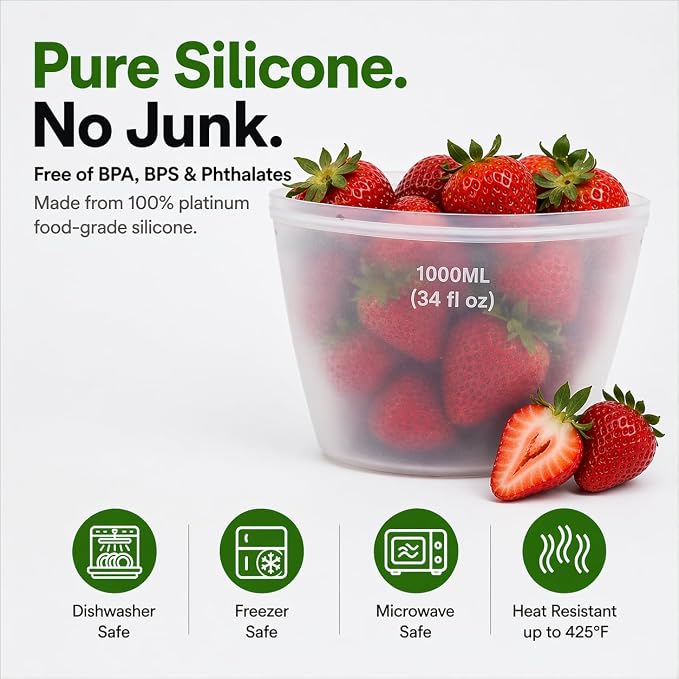 Reusable Silicone Food Storage Bags, 34 Fluid Ounces, 3-Pack, Leakproof, Freezer and Microwave Safe, Stand-Up Design, BPA Free, Dishwasher Safe (MIXED)