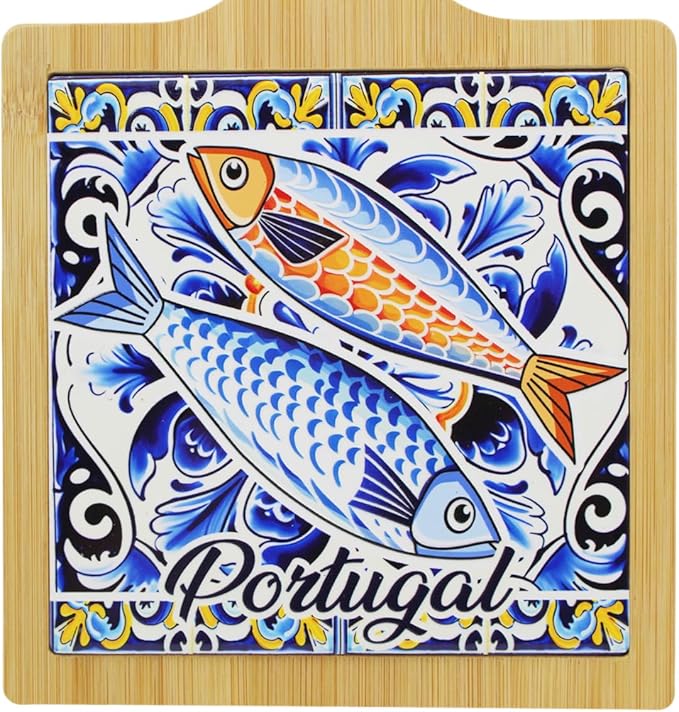 Portugal Sardine Design Wooden Serving Tray with Ceramic Tile Center