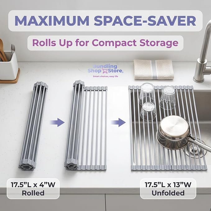 Premium Roll-Up Dish Drying Rack for Kitchen Sink - 17.5"x13" - Rust-Proof Solid Stainless Steel Core with Food-Grade Silicone Coating, Multipurpose Heavy-Duty Space-Saver, Dish Rack Over the Sink