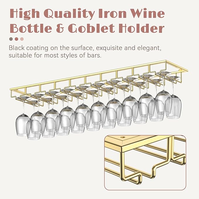Xverycan Wine Glass Rack Under Cabinet, 10 Row Extreme Large Stemware Hanger, Metal Wine Goblet Holder, DIY Bar Glass Storage Rack for Bar Counter, Kitchen, Screws Included (Gold)