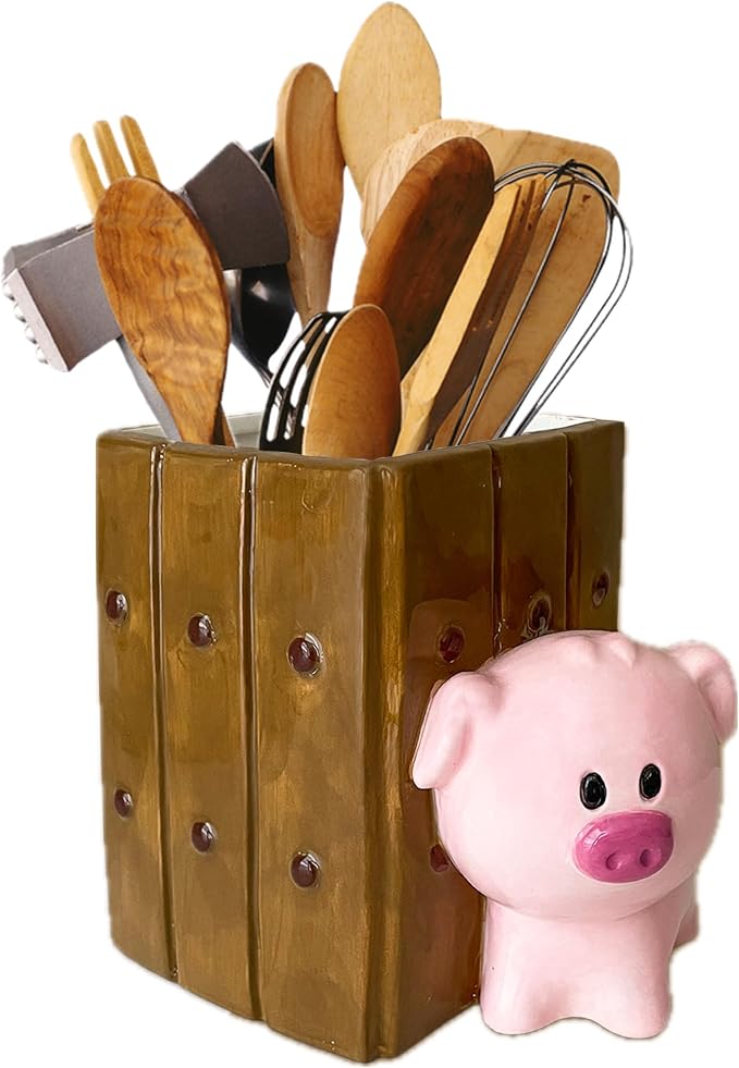 Pig Utensil Holder | Kitchen Crock Storage | Pig Stuff Print Accessories Decoration | Cute Hog Gifts for Women | Cerdo Pollo Animal Boar Decor | Countertop Piglet Stuff Vase