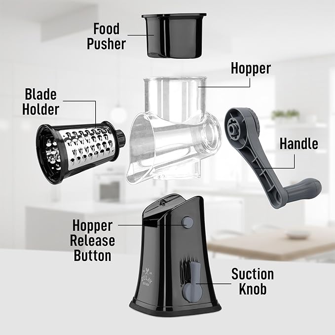 Zulay Kitchen Rotary Cheese Grater 5 Blade Cheese Shredder - Manual Hand Crank Cheese Grater With Reinforced Suction & 5 Interchangeable Drums - Easy to Use, Vegetable Chopper Round Mandoline Slicer