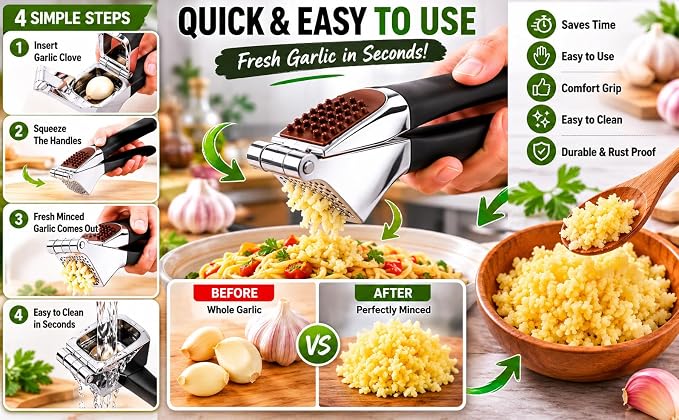 HOMFTY Garlic Press Set – Heavy Duty Stainless Steel Garlic Mincer & Crusher with Silicone Peeler, Ginger Press & Cleaning Brush – Large Chamber, Ergonomic Non-Slip Handle, No Peeling Needed