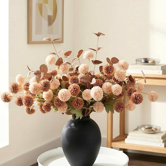 22pcs Artificial Beige & Brown Kiku Flowers with Eucalyptus Stems Bulk, Faux Silk Mum Pom Poms for Vase, Modern Farmhouse Boho Home Decor, Realistic Floral Centerpiece for Kitchen & Living Room