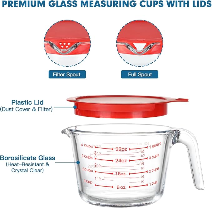 KOMUEE 4 Pieces Glass Measuring Cups Set | 5 Oz, 1-Cup, 2-Cup, 4-Cup Liquid Measuring Cups with Lids for Kitchen, Freezer and Microwave Safe