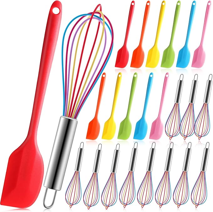 Baderke 24 Pcs Small Silicone Spatula and Whisks Set Bulk for Cooking Mini Whisk Spatula Non Stick Flexible Kitchen Baking Mixing Tool Cookware for Cooking Party Favor Gift Supplies (10 Inch)