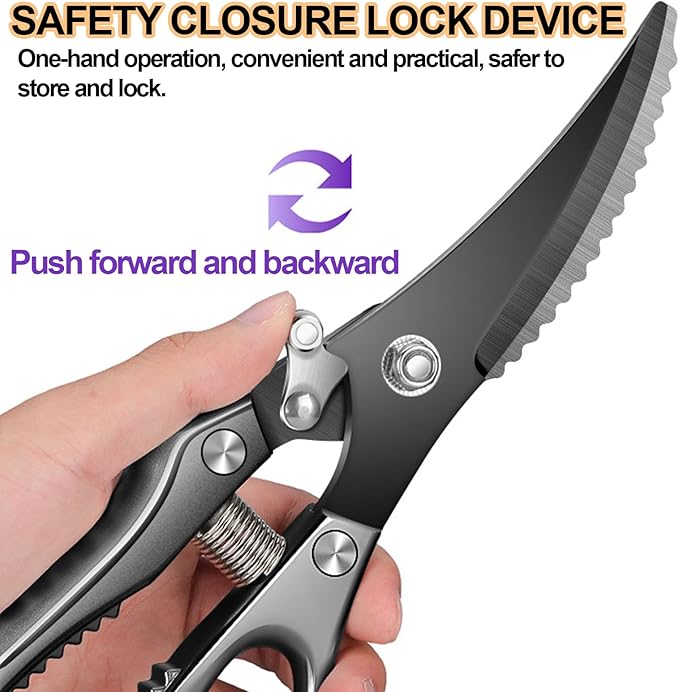 Heavy Duty Poultry Shears, Automatic Retractable Poultry Shears with Non-slip Handle and Safety Lock, Thickened Multi-purpose Kitchen Scissors for Chicken, Meat, Turkey, Fish, Nuts, Vegetables