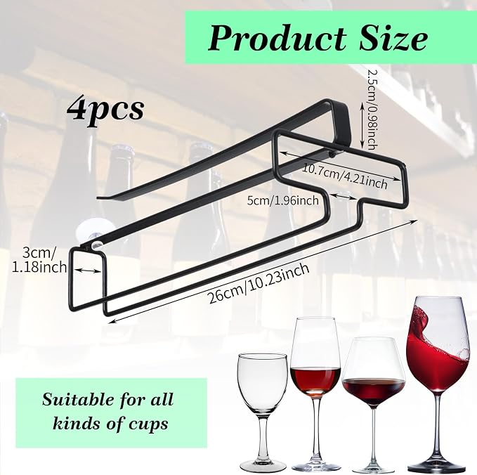 4 Pcs Wine Glass Holder, Stemware Rack Hanger Under Cabinet Wine Glass Rack Kitchen Hanging Glasses Storage Rack Organizer, Black