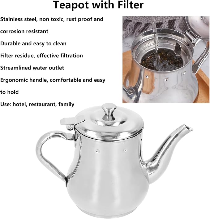 OUKENS Teapot with Removable Strainer, 30oz Stainless Steel Gooseneck Pour Over Kettle Modern Silver Small Coffee Tea Pot Infuser for 1-3 People, for Loose Leaf Tea & Pour-Over Coffee