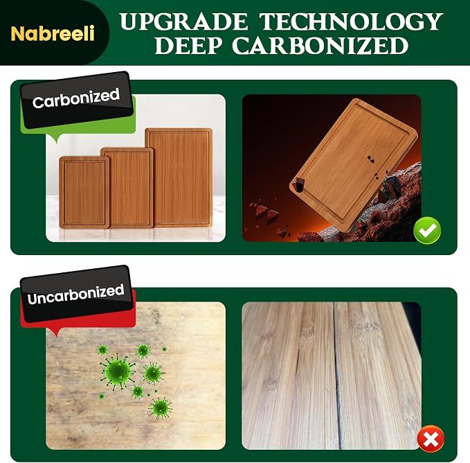 Bamboo Cutting Board Set of 3 with Holder for Compact Kitchens & Apartments | Deep juice grooves, non-slip feet and upright storage for faster drying. Great for fruit, vegetables and everyday meal prep.