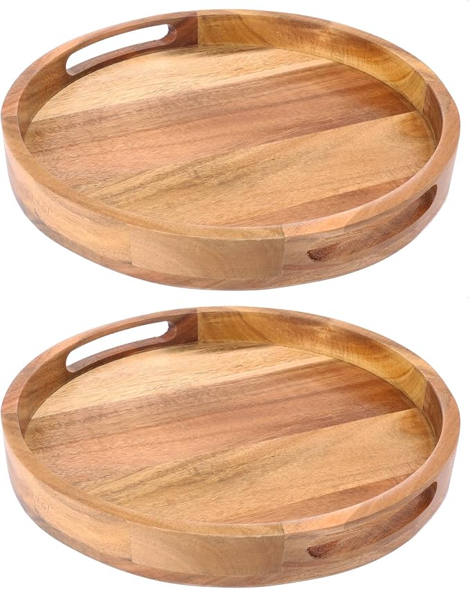 2 PCS Round Serving Acacia Wooden Tray with Handles, Elegant Acacia Wood Tray for Decor, Decorative Serving Tray, Coffee Table Decor for Living Room, Home Dining (12 x 12 x 1.6 inches)