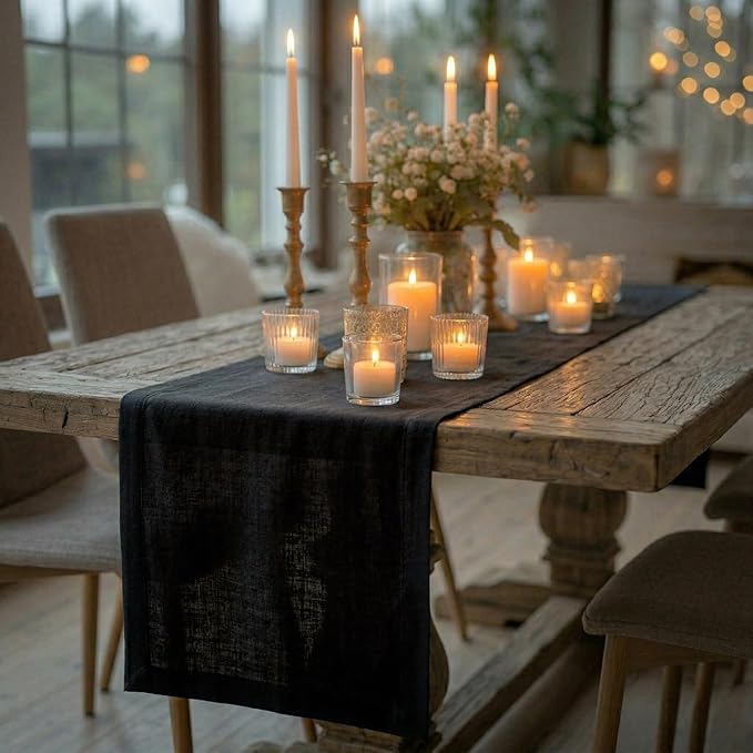 Solino Home Linen Black Table Runner 120 Inches Long - 100% Pure Linen 14 x 120 Inch Table Runner for Dining - Diana Medium Weight