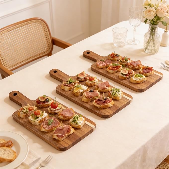 6 Pcs Acacia Wood Cutting Board with Handle, Large Charcuterie Boards Bulk, 15 x 7 inch Wooden Cutting Boards Bulk for Kitchen, Cheese Serving Board for Vegetables Meat Pizza Fruit Bread