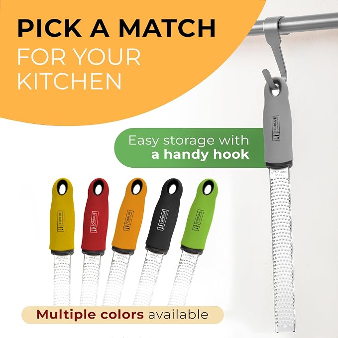 Orblue Lemon Zester & Cheese Grater - Premium Citrus Zester, Kitchen Grater for Parmesan, Chocolate, Fruits, Vegetables, Ginger, Garlic, Nutmeg - Stainless Steel Blades with Protective Cover, Gray