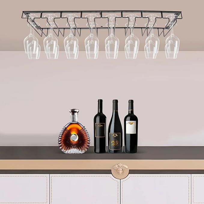 Under Cabinet Wine Glass Rack, 8 Row Large Capacity Metal Stemware Hanger, Hanging Glasses Storage Holder, Upside Down Stemware Organizer for Kitchen Bar Cabinet