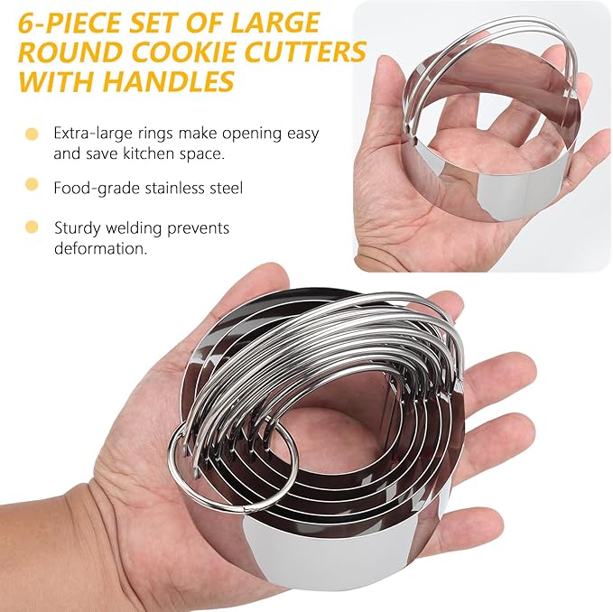 6 Pcs Large Cookie Cutters (2, 2.3, 2.8, 3.14, 3.54, 3.9 Inch), Round Biscuit Cutter Set with Handle and Big Ring, Professional Baking Dough Cutter Tools for Cakes, Sandwiches, Donuts, Dumplings