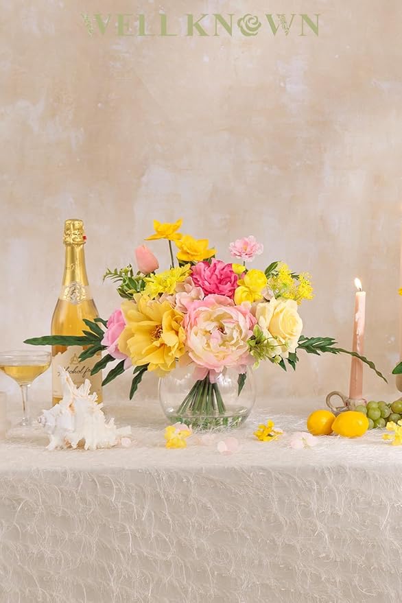 WELL KNOWN Artificial Flowers Centerpieces in Glass Vase with Fake Water, Yellow & Hot Pink Silk Rose Peony & Fake Tulips Bouquet for Birthday Party Wedding Dining Table Office Decor & Mom's Gift