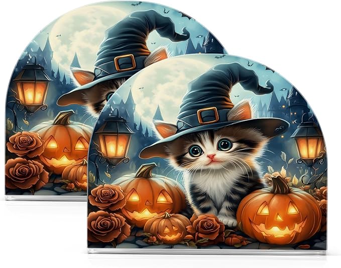 Halloween Cat Pumpkin Lantern Napkin Holder for Tables Paper Cocktail Napkin Holders for Kitchen Dinning,Acrylic Dinner Napkin Dispenser for Restaurant Home Decor Bar Accessories 2 Pack