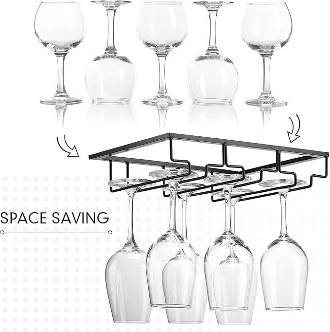 Potchen 4 Pack Wine Glass Holder Under Cabinet, Hanging Wine Glass Rack 3 Rows Stemware Rack Black Wine Glass Holder Shelf Wine Glass Storage Metal Organizer for Cabinet Kitchen Bar