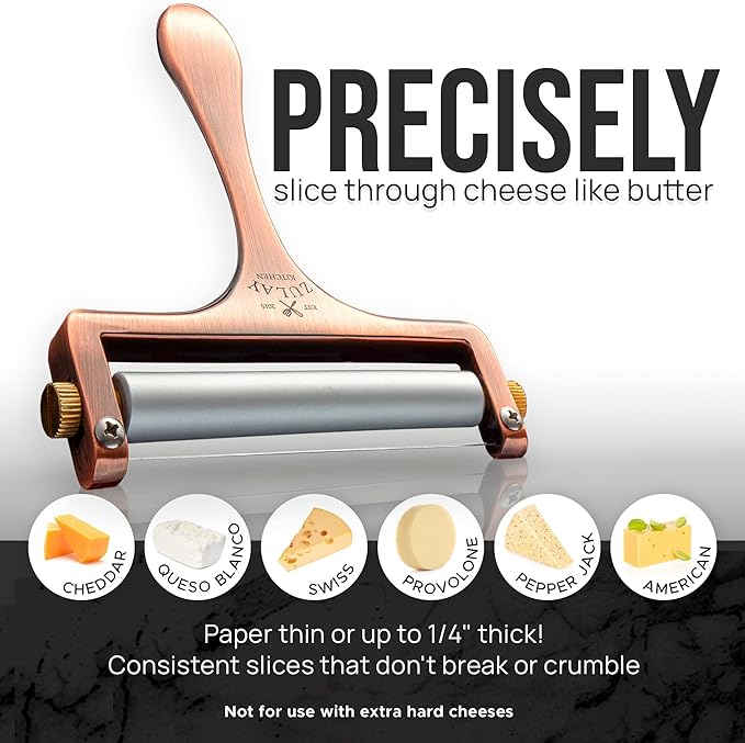 Zulay Adjustable Cheese Slicer - Wire Slicer For Mozzarella, Cheddar, Gouda - Heavy Duty With 2 Extra Wires (Copper)