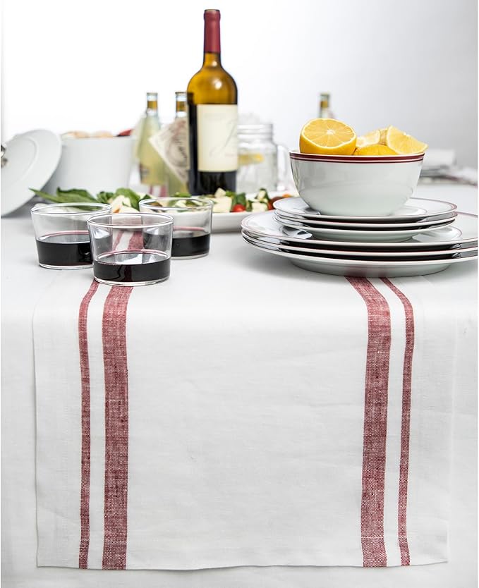 Solino Home Linen Table Runner 72 Inches Long - 100% Pure Linen Burgundy and White French Stripe Table Runner 14 x 72 Inch for Dining, Dresser