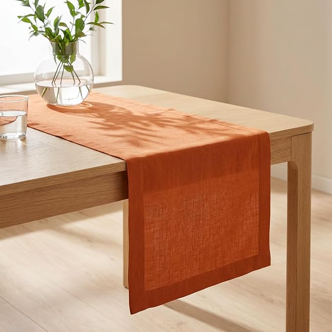 Solino Home Linen Table Runner 72 Inches Long - 100% Pure Linen Persimmon Orange Dining Table Runner 14 x 72 Inch for Spring, Summer - Fete