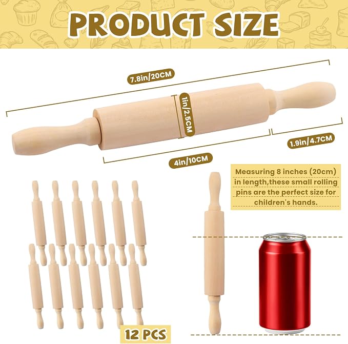 12 Pack 8 Inch Mini Wood Rolling Pin,Great for Children Kids Girls and Boys,Small Wooden Rollers for Art and Crafting,Baking,Cookie Dough,Cooking,Clay,Play Doh