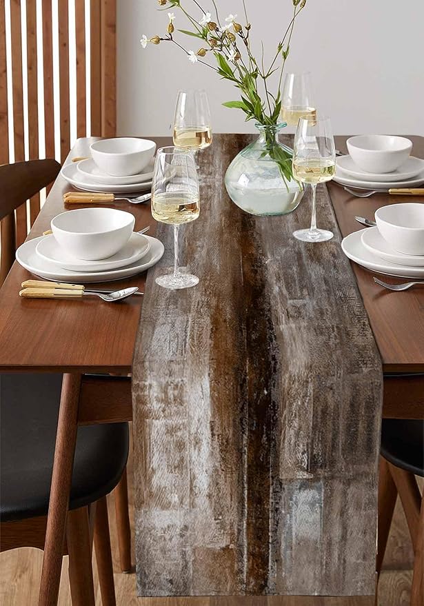 Dark Brown Table Runner - 70 Inch Long, Oil Modern Paintings Abstract Kitchen Dining Table Runner Dresser Scarves, Geometric Artwork Grey and Brown Tablerunner for Coffee Table Wedding Party Banquet