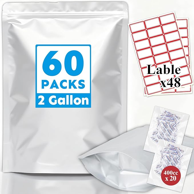 Mylar Bags 2Gallon 60PCS 13"X17" for Food Storage with Oxygen Absorbers&Labels,10Mil Thick Resealable Zipper&Heat Seal Stand Up Pouches for Packaging Long Term,Dried Food,BPA Free