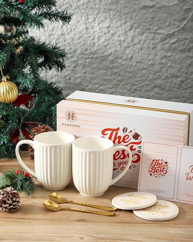 HASENSE Coffee Mugs Set of 2, 20 oz White Ceramic Coffee Cups Gift for Men and Women, Premium Large Latte Mugs with Handle, Modern Ribbed Design Tea Cups Come with Coaster & Gold Spoon Gift Box