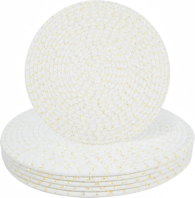 Round Woven Placemats Set of 6, 13.4 Inches Cotton Round Placemats, Heat Resistant Washable Table Mats for Indoor & Outdoor Dining Table Decor
