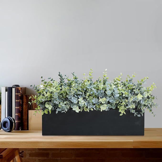 Winlyn 14" Artificial Eucalyptus Arrangement Faux Eucalyptus Plants in Black Rectangular Wooden Planter Box Artificial Potted Plant for Farmhouse Home Wedding Table Centerpiece Shelf Greenery Décor