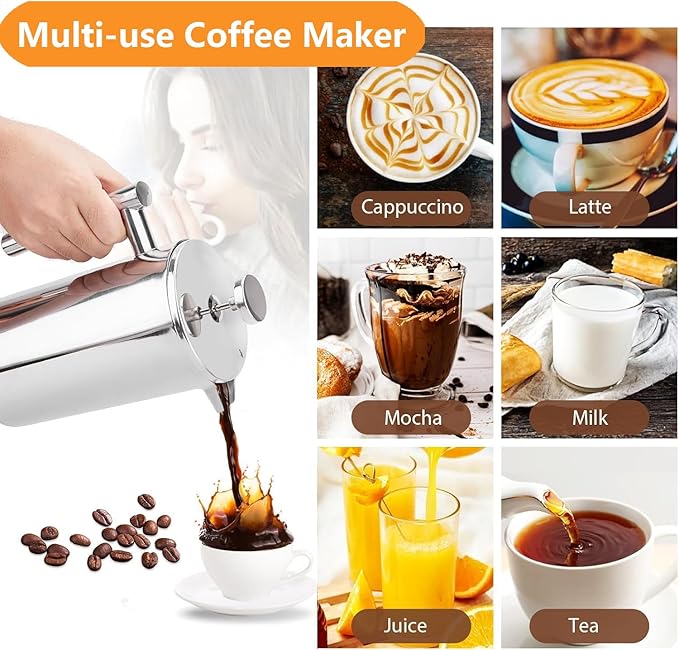 Small French Press 350ml Coffee Maker, Double-Wall Insulated French Press Coffee Press Stainless Steel, Included 2 Extra Fliters and 1 Coffee Spoon (1 cup, 12 OZ)