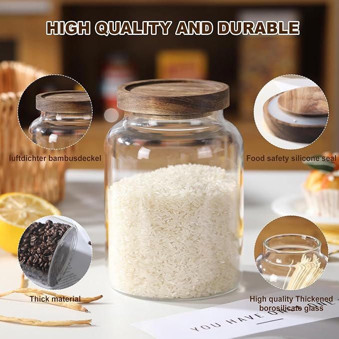 2-Pack Glass Storage Jars with Wooden Lids Single 41 fl oz/1200ml, Glass Canister Set,Airtight Containers for Kitchen Dry Goods, Coffee, Tea, Sugar,Flour ,Candy, Cookie, Pasta