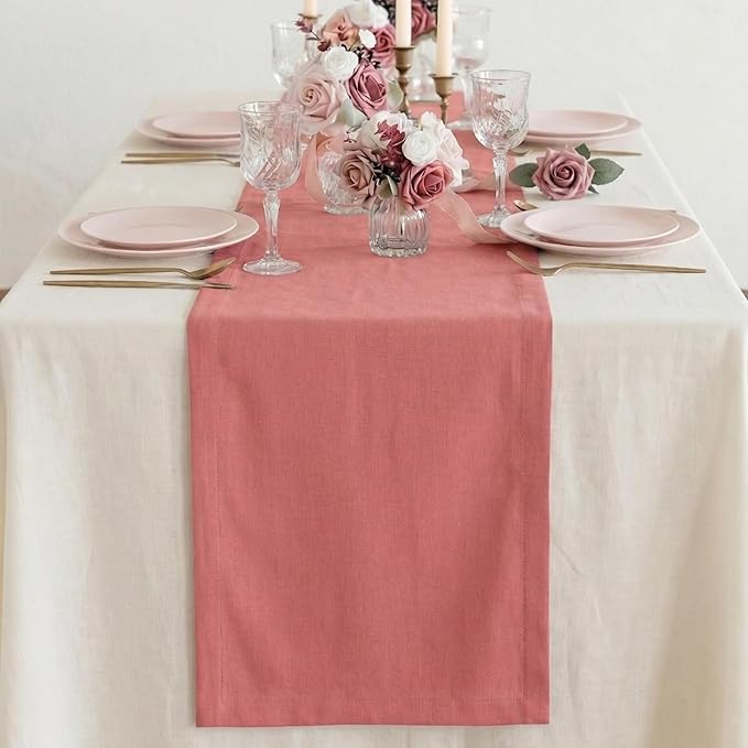 Solino Home Linen Table Runner 90 Inches Long - 100% Pure Linen Dusty Rose Table Runner 14 x 90 Inch for Spring, Summer - Diana Medium Weight