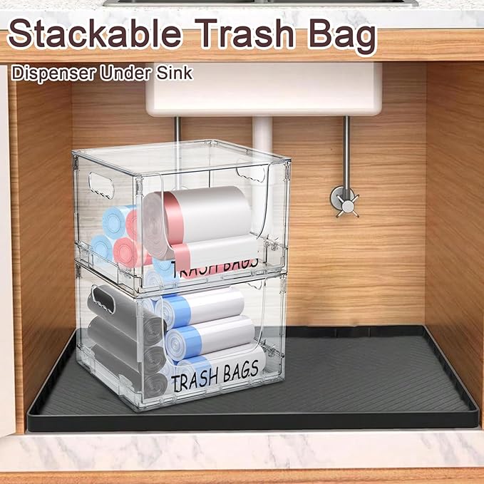 Trash Bag Holder Stand,Stackable Trash Bag Dispenser with Lids, Plastic Under Sink Organizers and Stackable Storage Box, Large Garbage Bags Dispenser for Kitchen, Pantry, Laundry Room