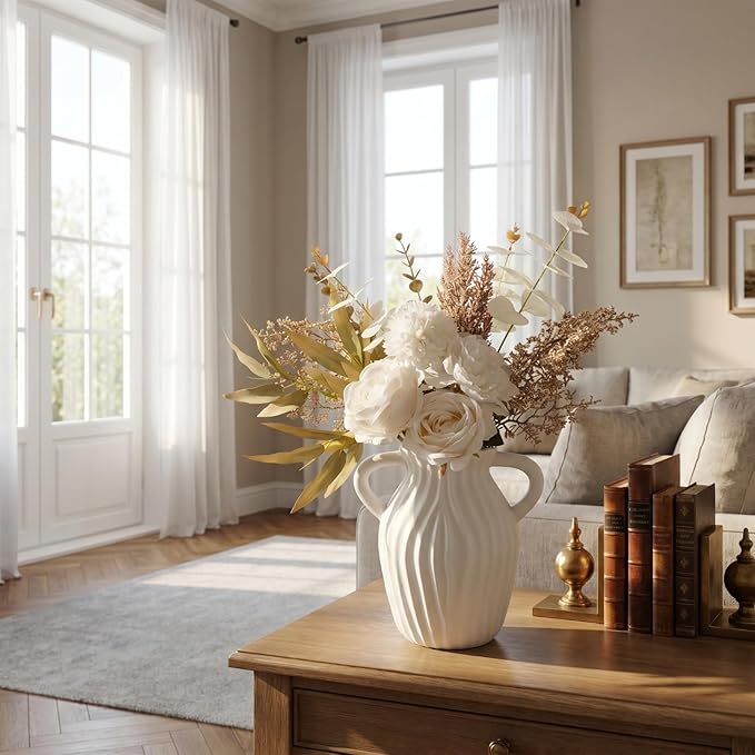 Artificial Flowers Bouquet - Faux Silk Flowers Centerpiece, Realistic Fake Flowers Plants for Home Decor Dining Table, Indoor Vase, Wedding Bouquet Arrangements (White)