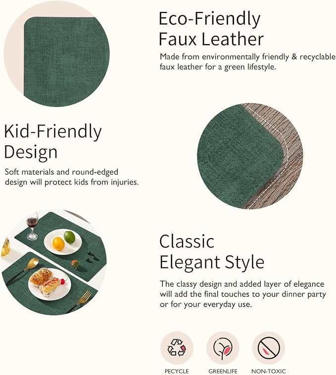 Maxpearl Faux Leather Placemats Set of 6 - Waterproof - Wipe Clean - Heat Resistant - Anti Slip Dining Table Place Mats, Suitable for Indoor & Outdoor Use, 17’’×12’’, Dark Green