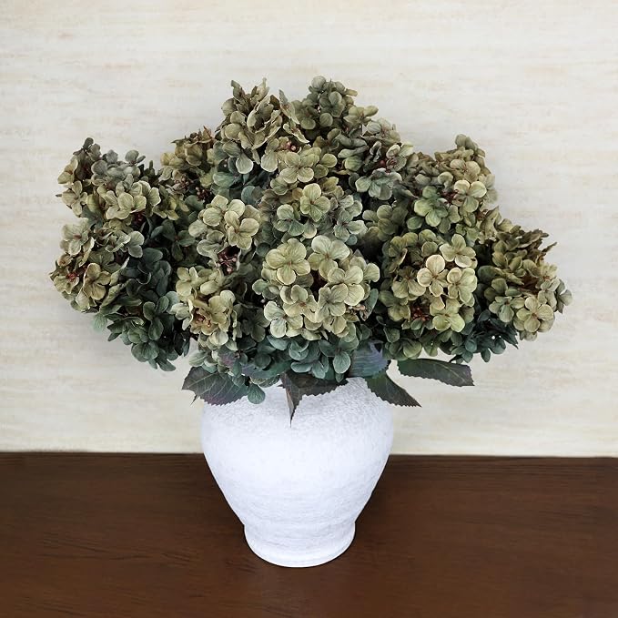 2FT Hydrangea Artificial Flowers - 10 PCS Long Stem Faux Cone Hydrangeas for Tall Vase, DIY Vintage Floral Table centerpieces for Dining Room, and Home Kitchen Decorations - Green